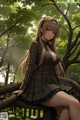 A girl in a plaid dress sitting on a wooden bench.