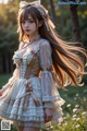 A girl with long hair standing in a field of flowers.